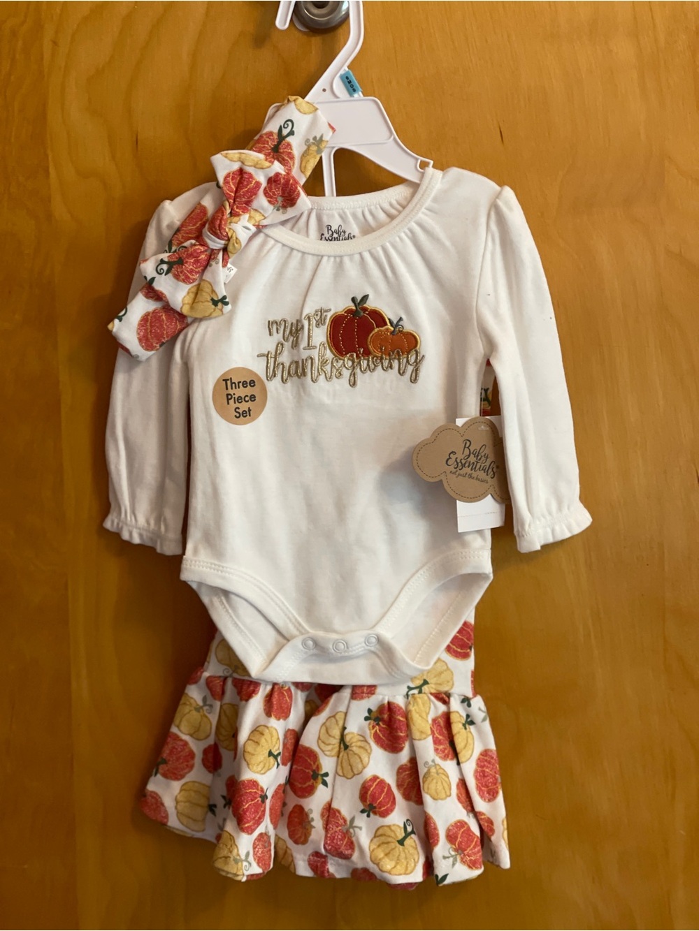 Baby Essentials White Pumpkin Thanksgiving 3-Piece Outfit with Headband